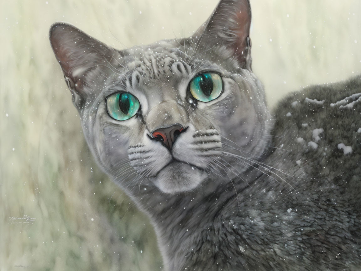 Grey Cat with Green Eyes Covered in Snowflakes in Snowy Setting