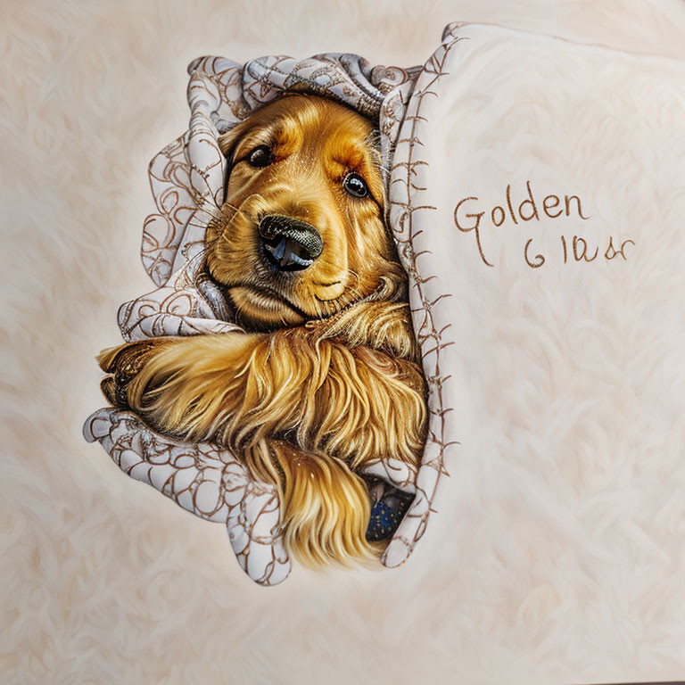 Golden retriever snuggled in blanket with 'Golden Glaux' text next to it