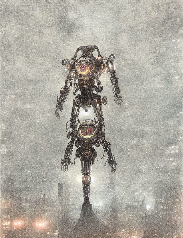 Intricate towering robot in foggy cityscape