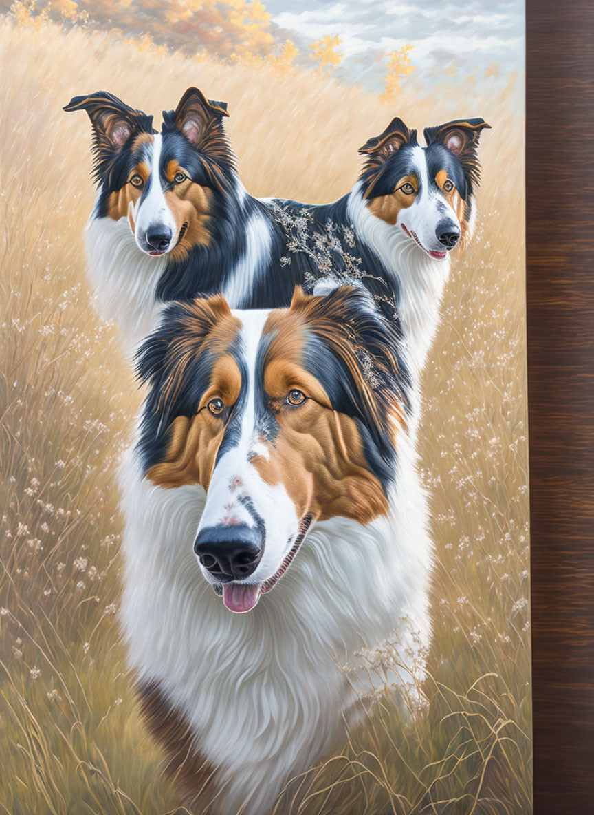 Realistic painting of three Border Collies in a field