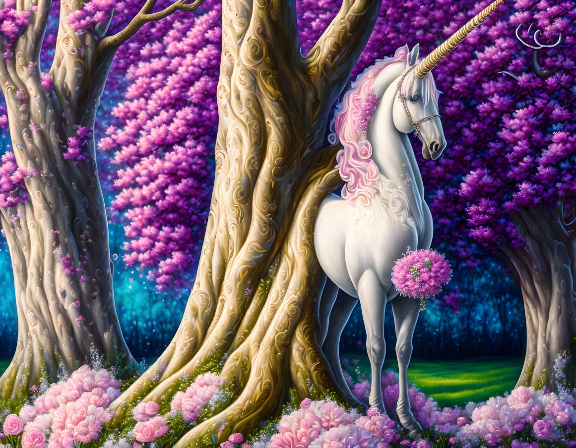 White Unicorn with Pink Mane in Enchanted Forest