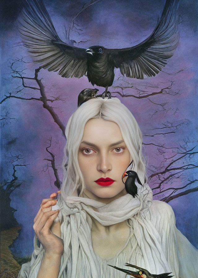 Pale woman with white hair and red lips surrounded by crows and barren trees.