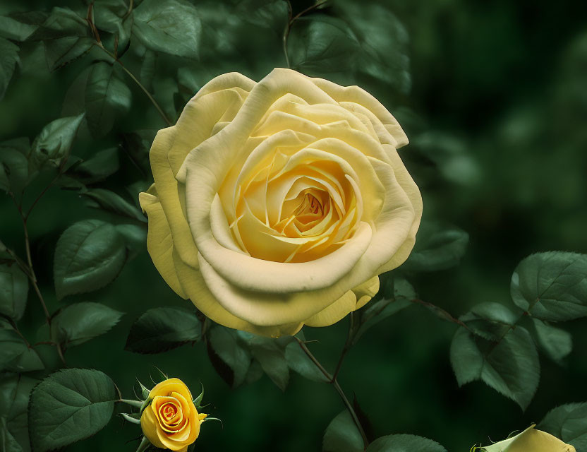 Bright Yellow Rose in Full Bloom Surrounded by Green Foliage