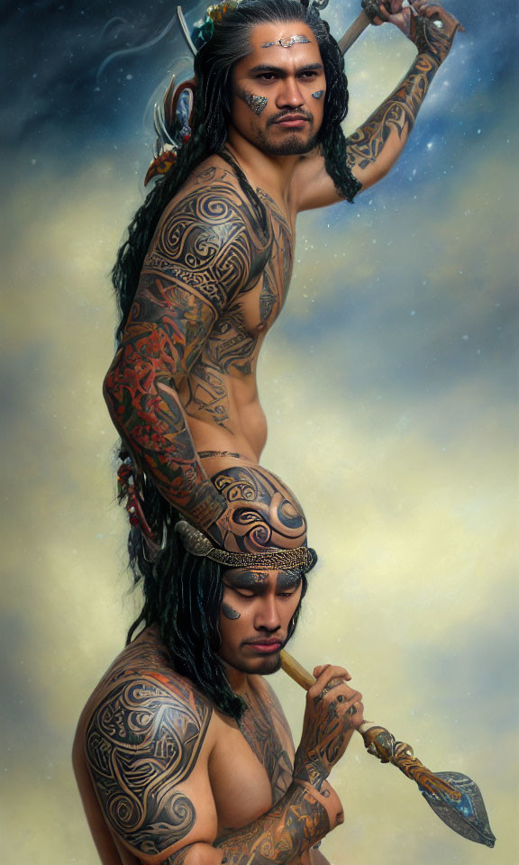 Traditional Polynesian tattooed man with weapon and headpiece in cosmic setting