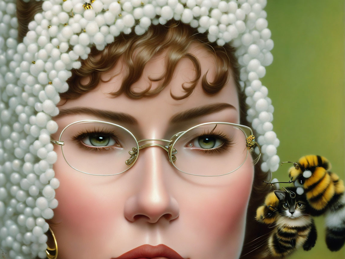 Hyperrealistic Painting: Woman with Pearl-Adorned Hair, Round Glasses, and Bumble