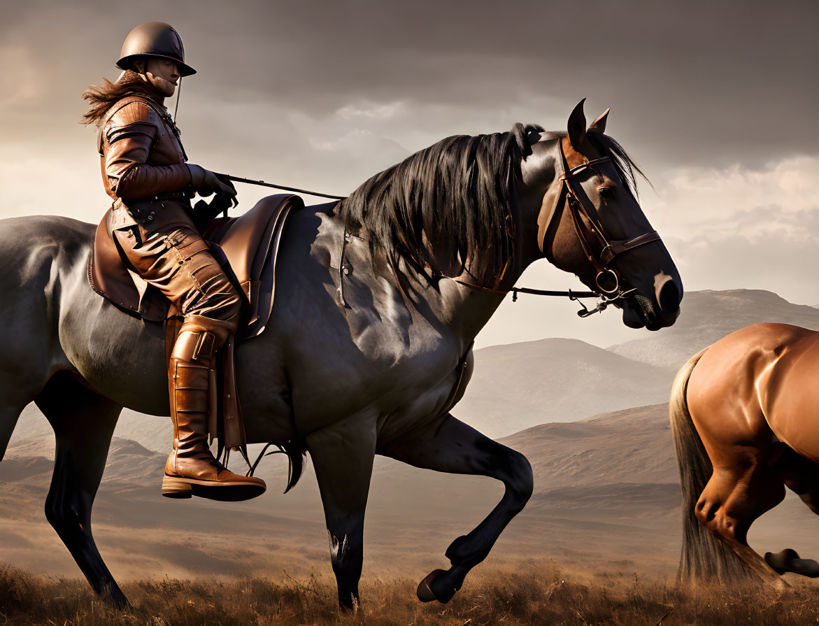 Equestrian rider in helmet and leather attire on dark horse in grassy plain