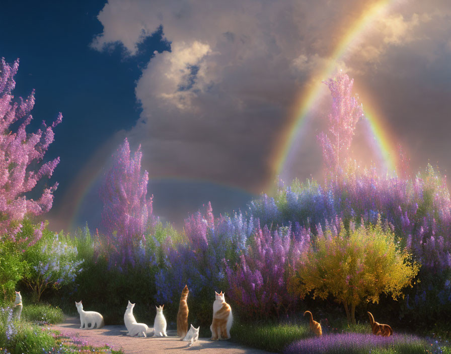 Five Cats Admiring Double Rainbow on Path Amidst Flowering Bushes