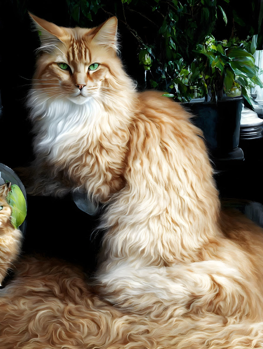 Fluffy orange and white cat with green eyes beside a plant