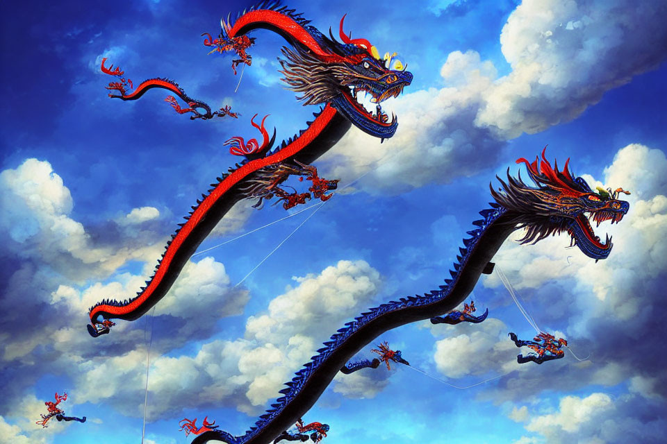 Two Vibrant Red and Black Dragons Soaring in Blue Sky