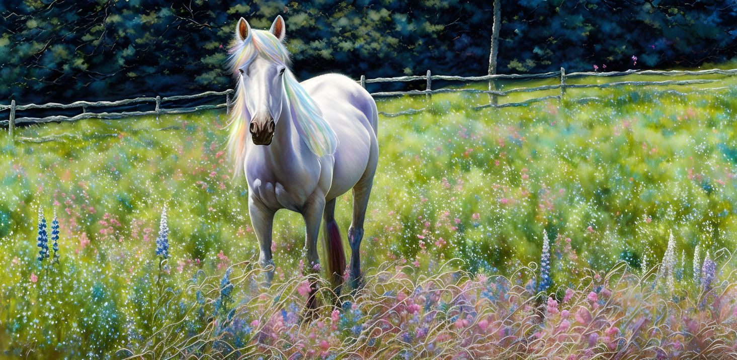 White Horse with Multicolored Mane in Vibrant Wildflower Meadow