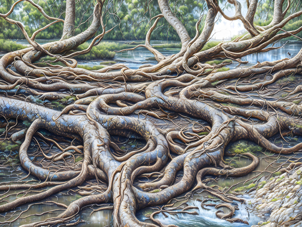 Intricate Tree Root Network with Tranquil River and Lush Vegetation