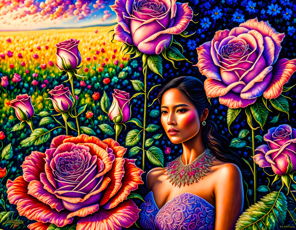 Colorful Artwork: Woman Among Detailed Roses in Flower Field at Sunset