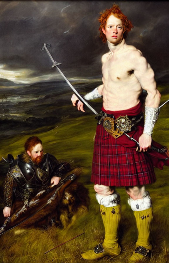 Red-Haired Man in Kilt with Sword in Dramatic Landscape