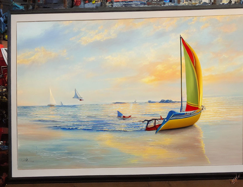 Colorful Sailboat Painting on Calm Waters with Distant Sails: Serene Maritime Scene at