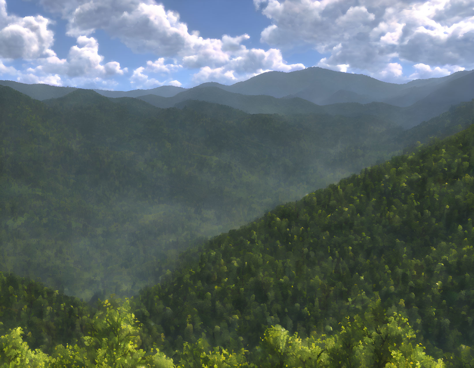 Scenic green mountain range under blue sky with wispy clouds