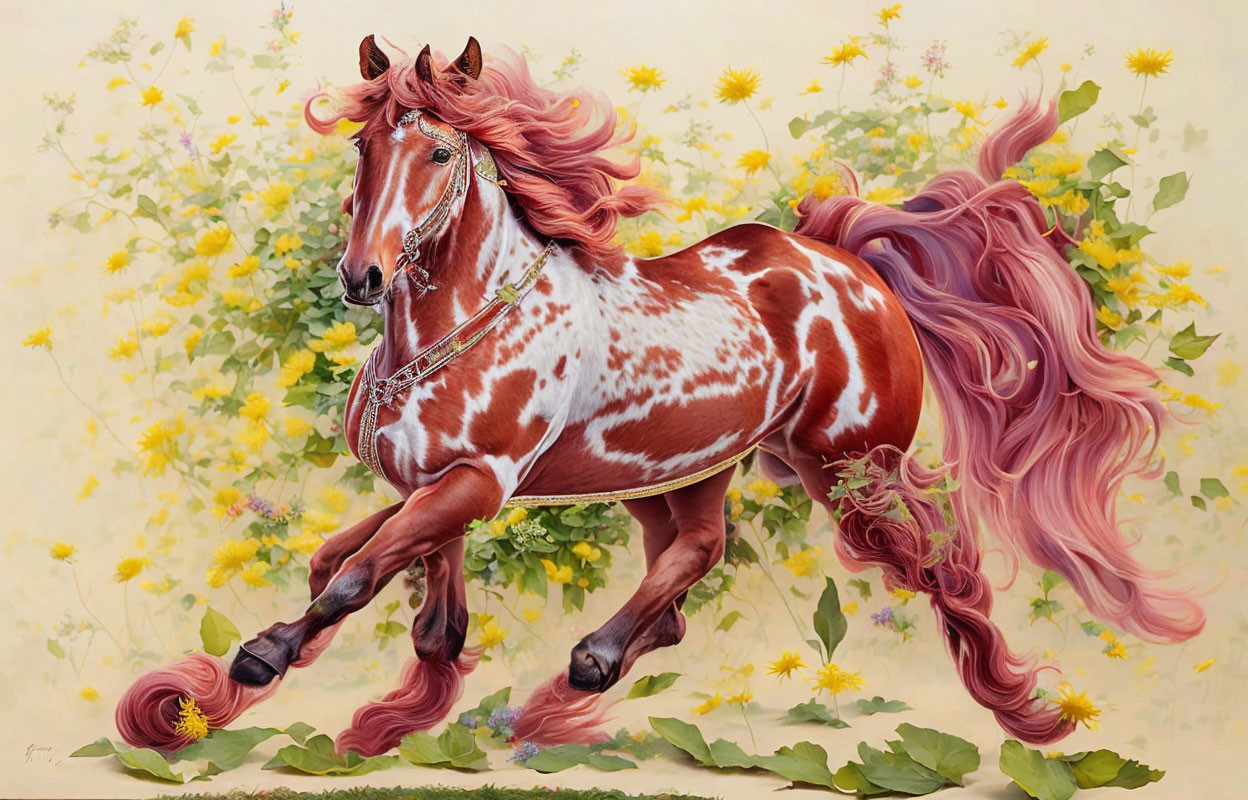 Colorful Horse Painting with Pink Mane and Yellow Flowers