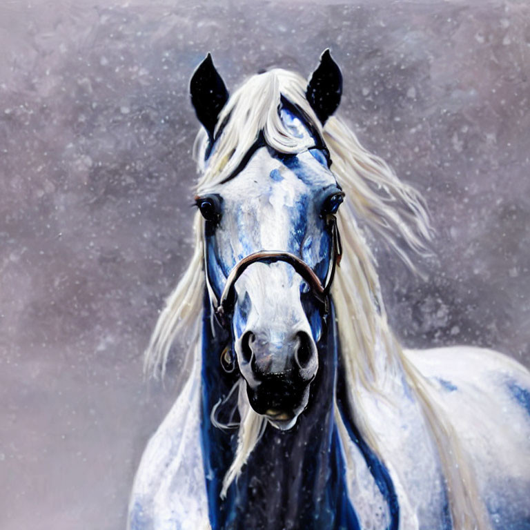 White Horse with Flowing Mane and Blue Eyes on Grey Background