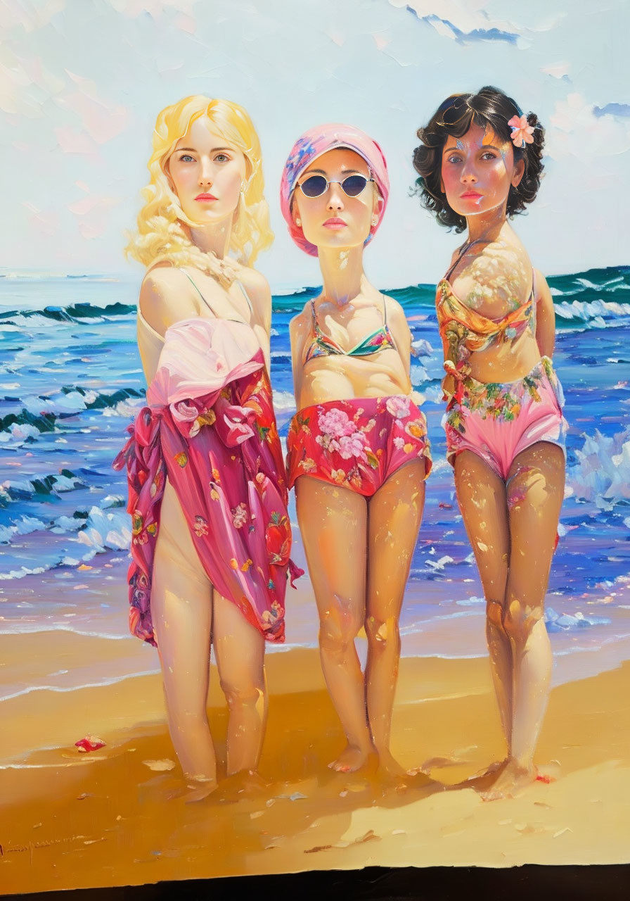 Three women in beachwear with unique hairstyles and expressions by the ocean