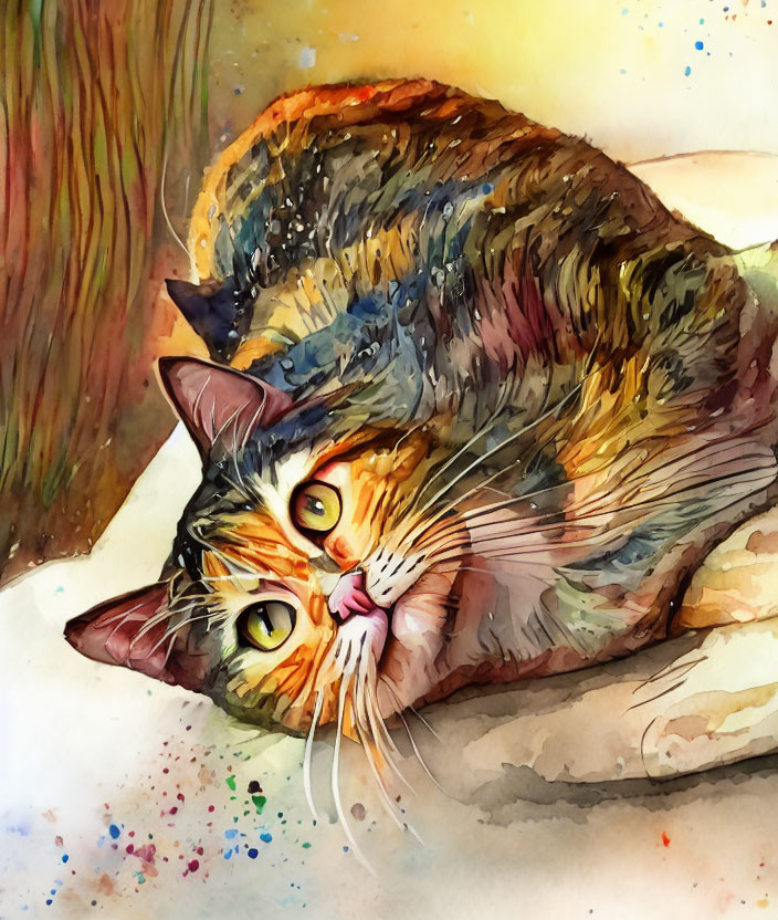 Vibrant watercolor painting of curled-up cat with amber eyes