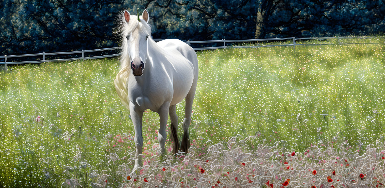 White Horse in Flowering Meadow with Red Poppies and Dappled Sunlight