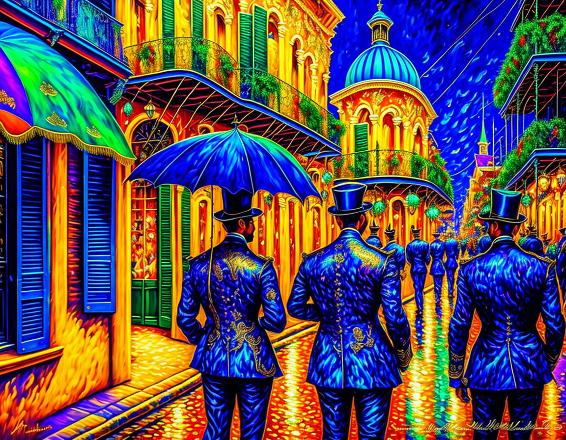 Colorful image: Three people in top hats and umbrellas on a picturesque street with ornate buildings