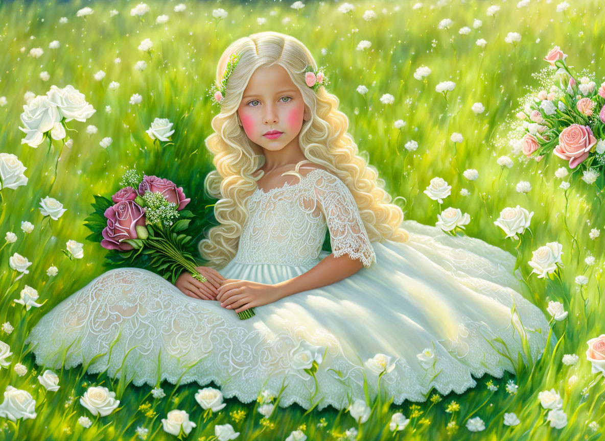 Blonde girl in white lace dress sitting in green field with flowers bouquet