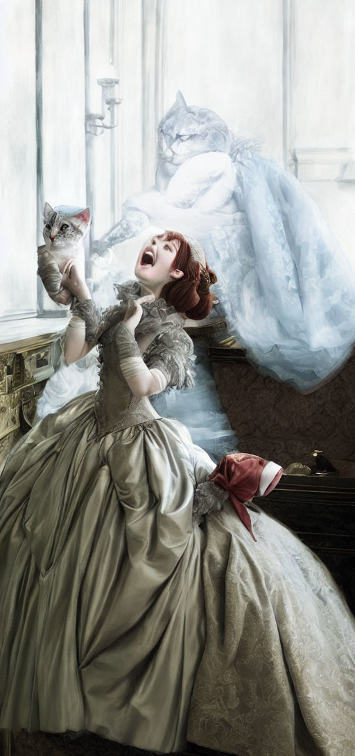 Elegant woman in vintage dress laughing with cat in opulent room