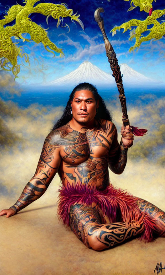 Traditional Polynesian tattooed person with spear, volcano, and dragons.