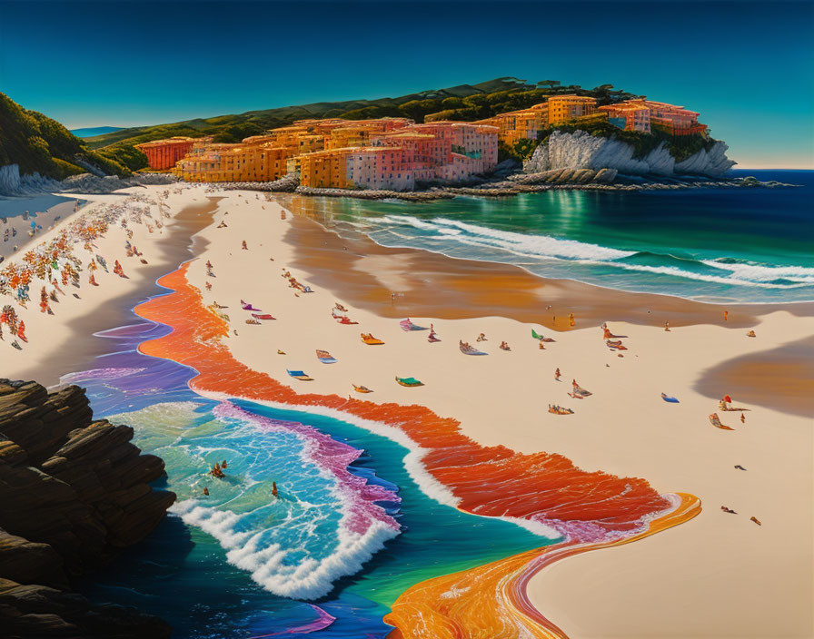 Colorful Waves on Beach with Cliff and Buildings in Bright Sky