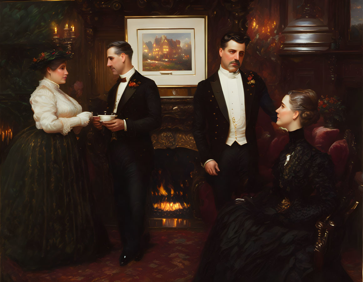 Victorian painting of two men and two women in formal attire by fireplace