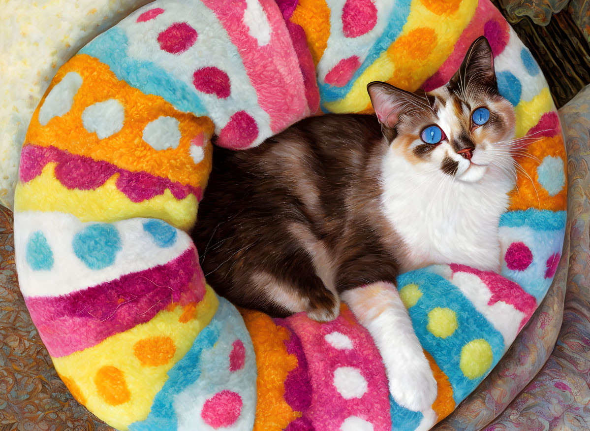 Fluffy cat with blue eyes in polka-dotted pet bed