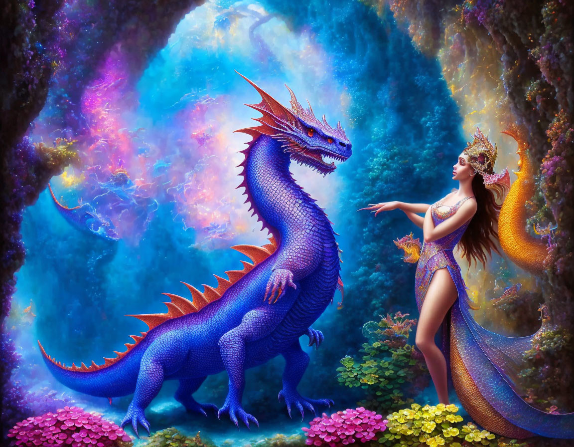 Vibrant blue dragon and woman in colorful attire in floral cave