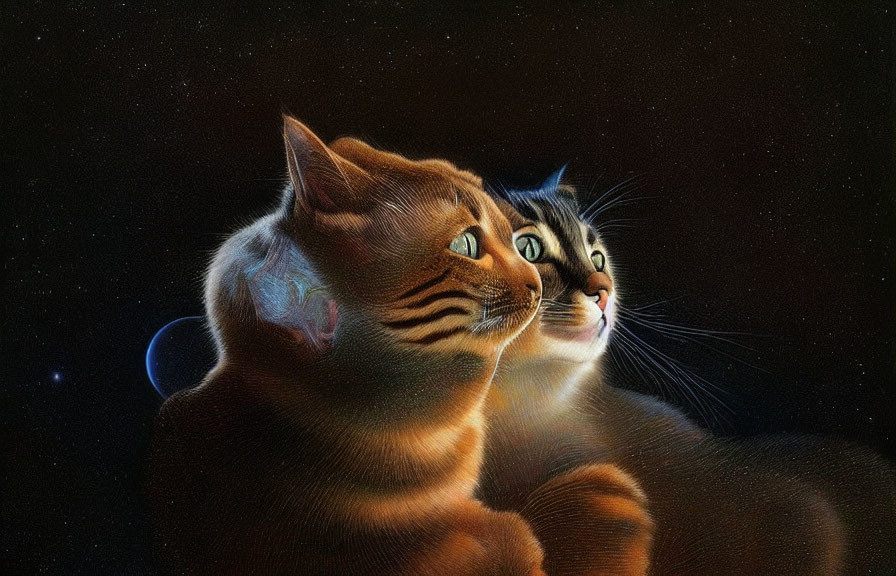 Two Cats Staring at Stars and Planet in Dark Background