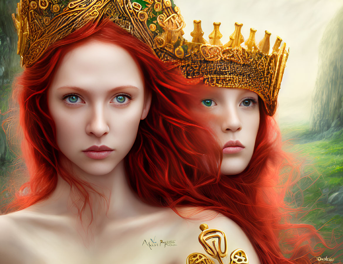 Digital artwork: Two women with red hair and golden crowns in soft-focus natural backdrop