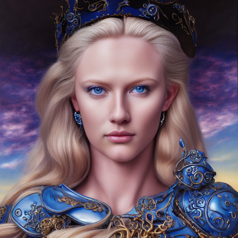 Fantasy artwork of woman in regal blue and gold armor with blue eyes and blonde hair