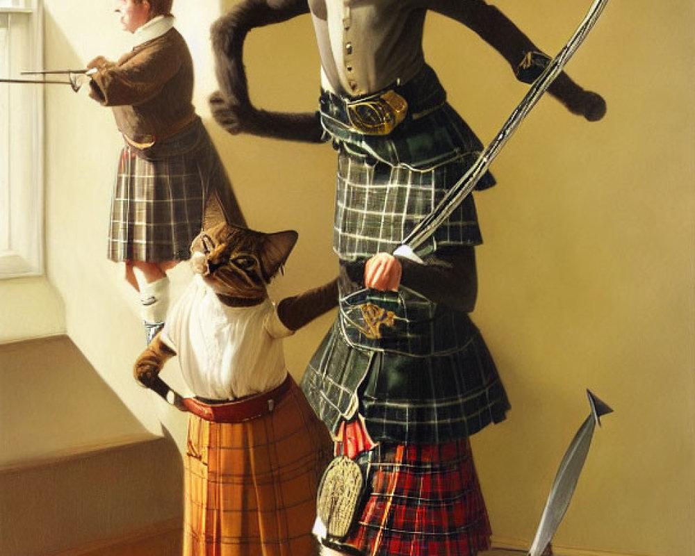 Scottish-themed anthropomorphic cats dancing and playing bagpipes