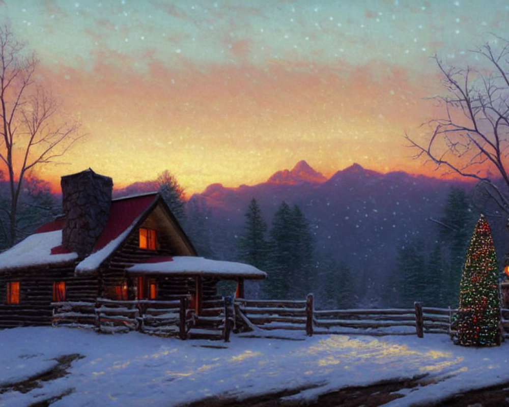 Snowy Twilight Scene: Cozy Log Cabin, Christmas Lights, Mountains