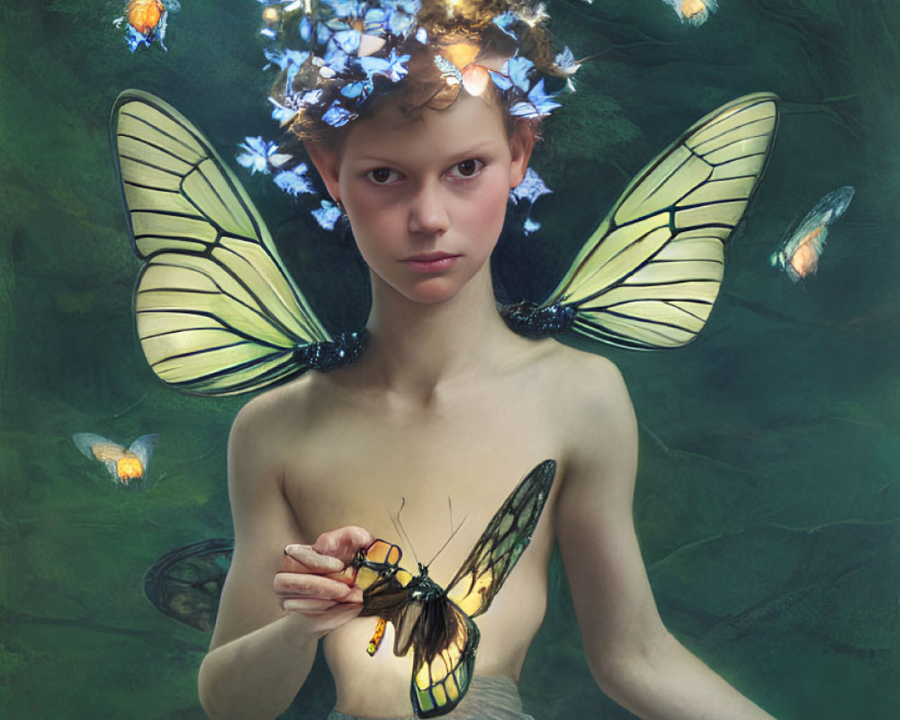 Fantasy portrait: person with butterfly wings and flower crown in enchanted forest