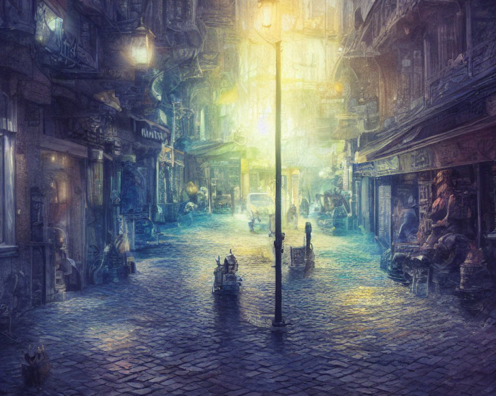 Twilight cobblestone street with vintage buildings and luminous lamp