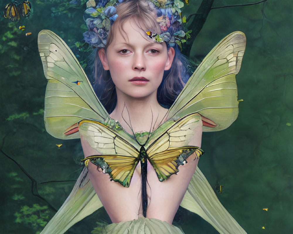 Person with Butterfly Wings and Floral Crown in Ethereal Forest Scene