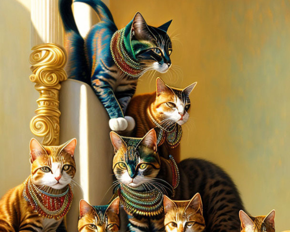 Patterned Cats Relaxing by Sunlit Window with Ornate Details