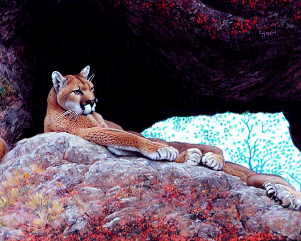 Mountain lion resting on rocky ledge with dark cave entrance and white-pebbled terrain in the background