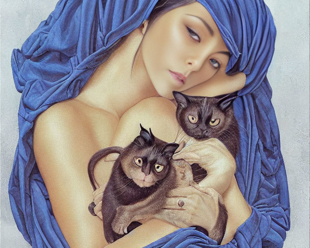 Woman in Blue Headscarf with Siamese Cats on Textured Background