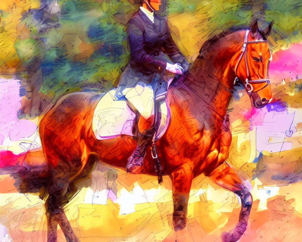 Colorful Abstract Watercolor Painting of Equestrian Rider on Horse