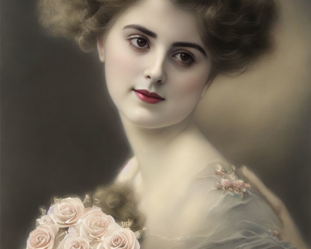 Vintage Portrait: Woman with Elegant Hairstyle and Pale Pink Roses Bouquet