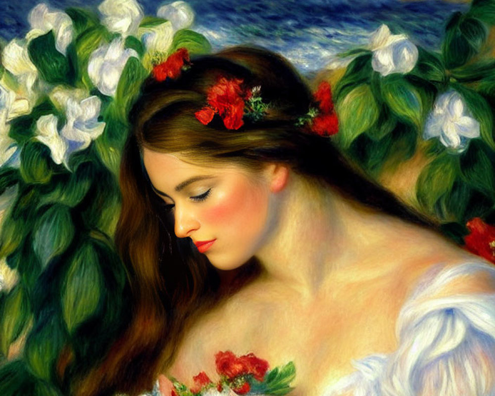 Woman with Floral Headpiece by Sea: Serene Portrait with Vibrant Background