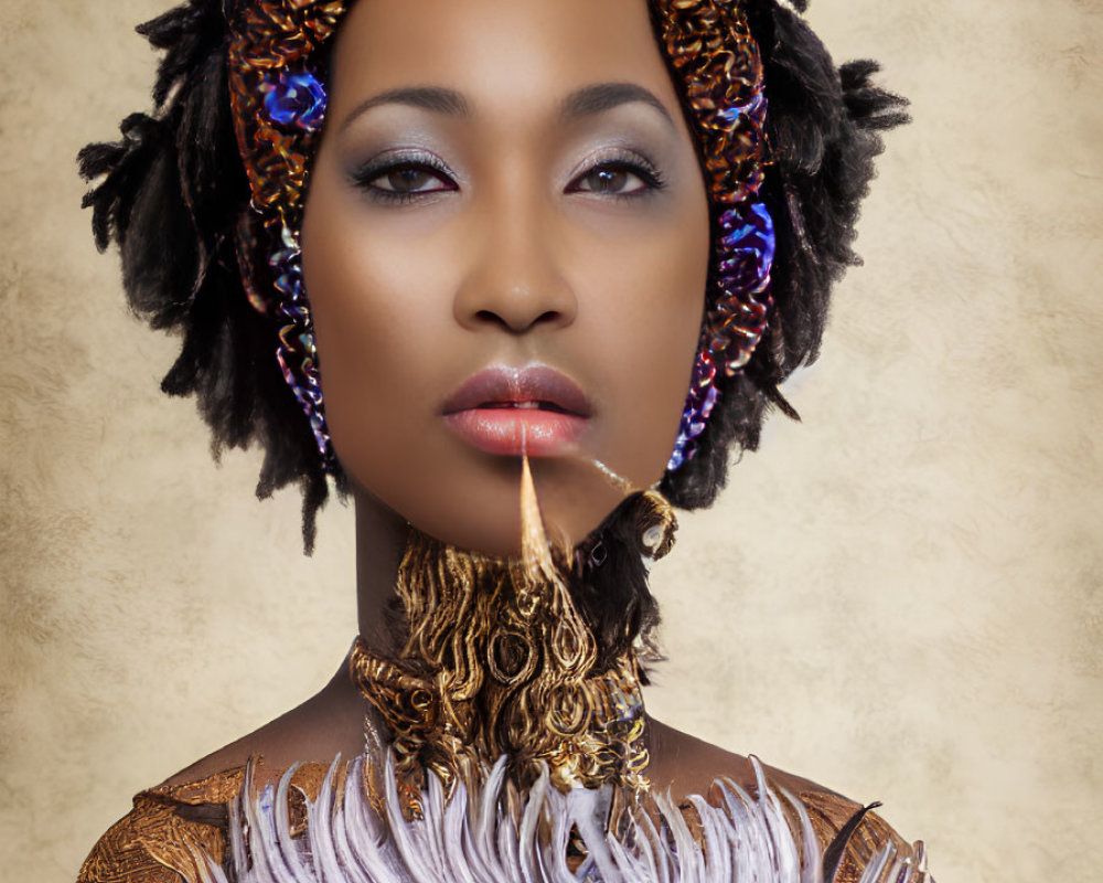 Ornate headgear and jewelry with gold accents and white feathers on a woman against beige background