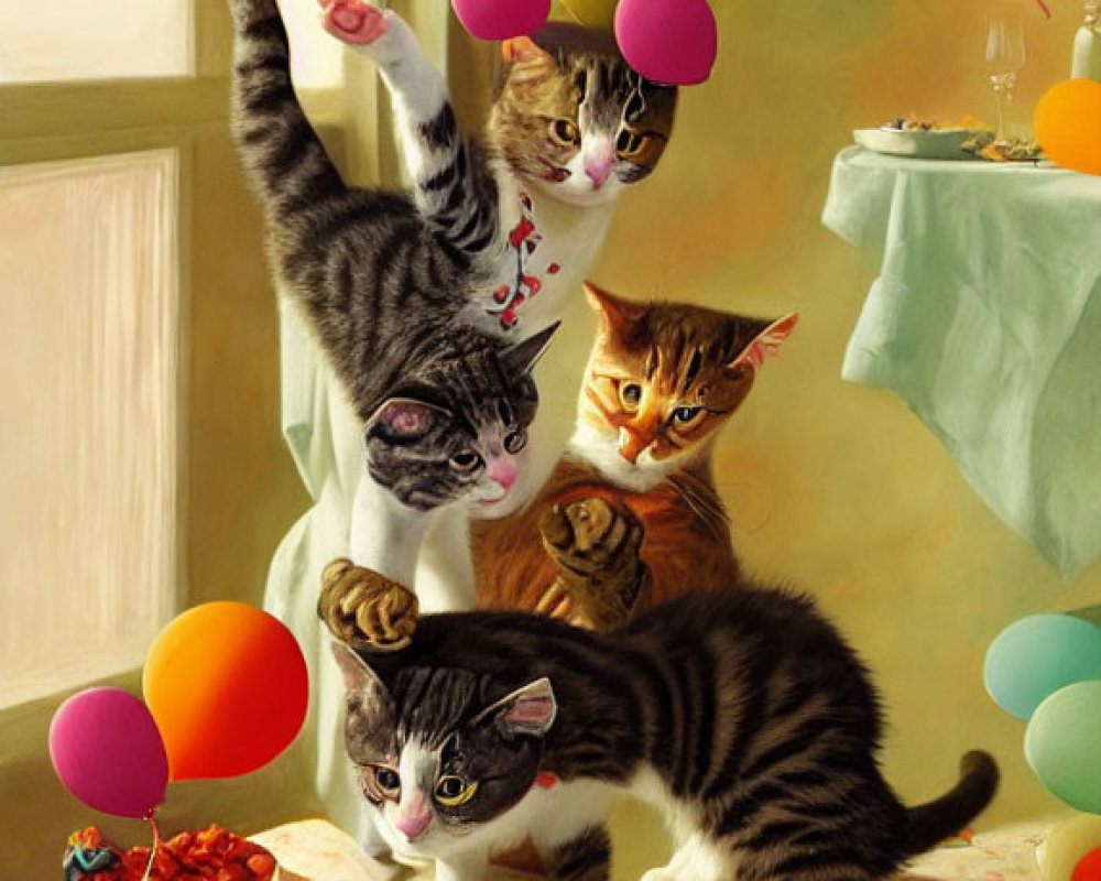 Five cats at a colorful party with balloons, streamers, and goldfish bowl