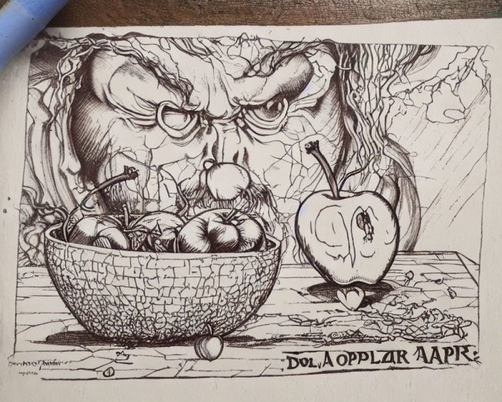 Detailed sketch of furious face above bowl of apples on wooden surface with cut apple. Intricate linework