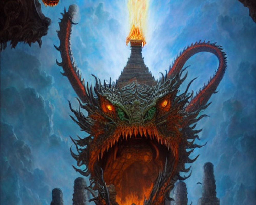 Elaborate horned dragon breathing fire in twilight scene